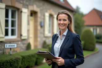 Agent immobilier devant une maison à vendre dans l'Oise avec panneau à vendre et documents de négociation