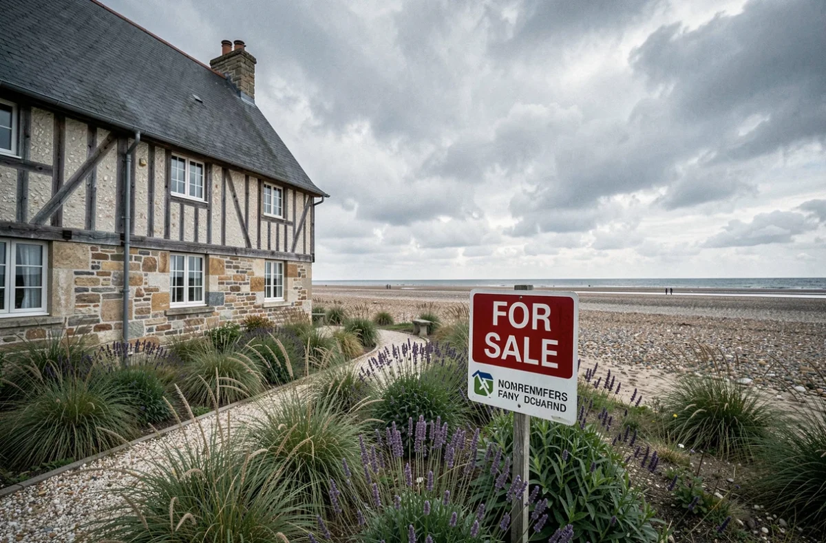 Maison normande à colombages à vendre avec panneau immobilier face à la plage en Normandie