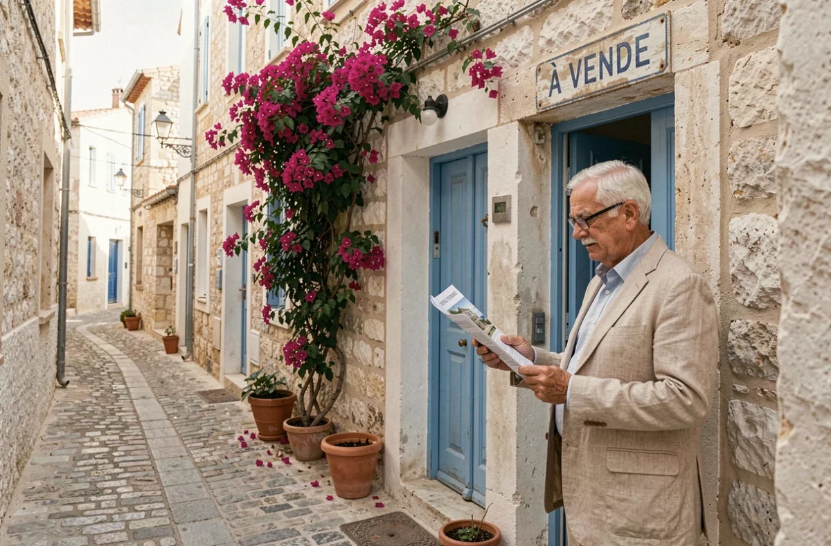 Maison de pêcheur à vendre en bord de mer méditerranée dans une ruelle pittoresque avec bougainvilliers et panneau de vente