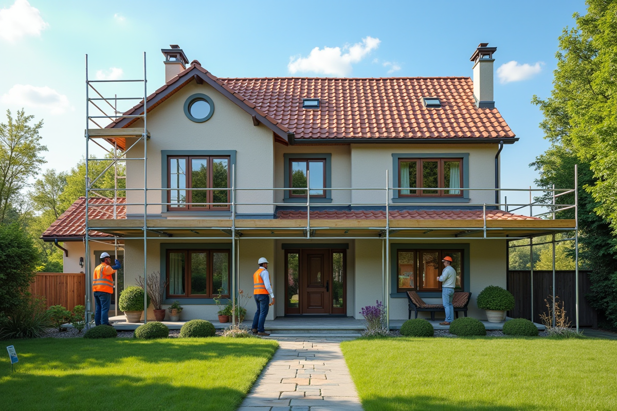 Maison rénovée avec échafaudages et panneau sur la pelouse