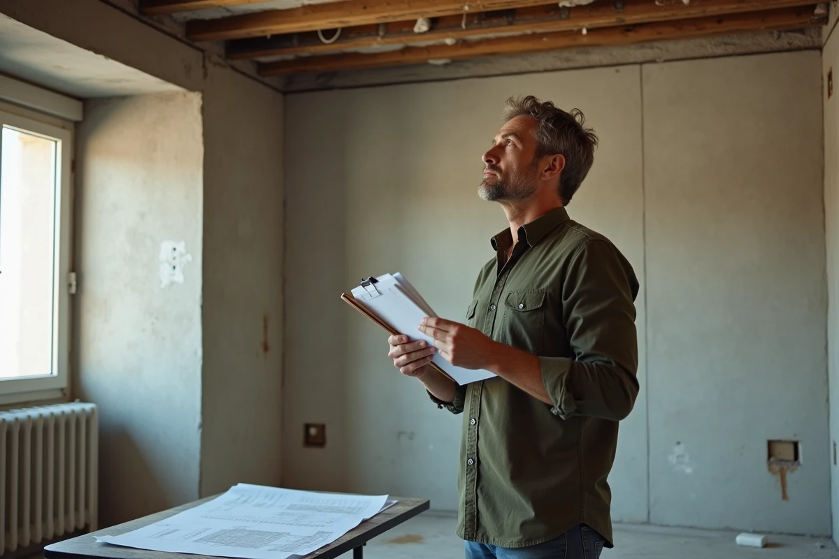 Marchand de biens évaluant les coûts de rénovation dans un appartement en travaux avec documents de frais notariés