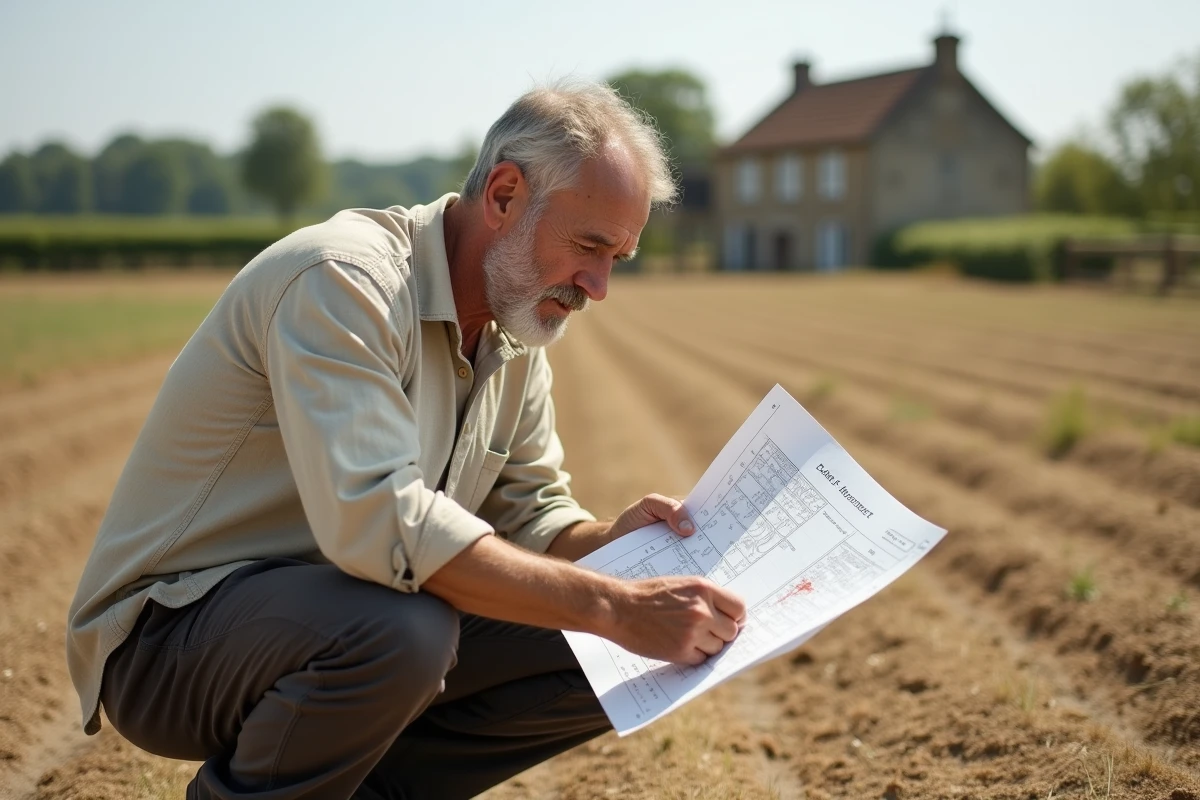 Homme examinant un document de mesure de terrain en are et m2 sur un terrain rural en France