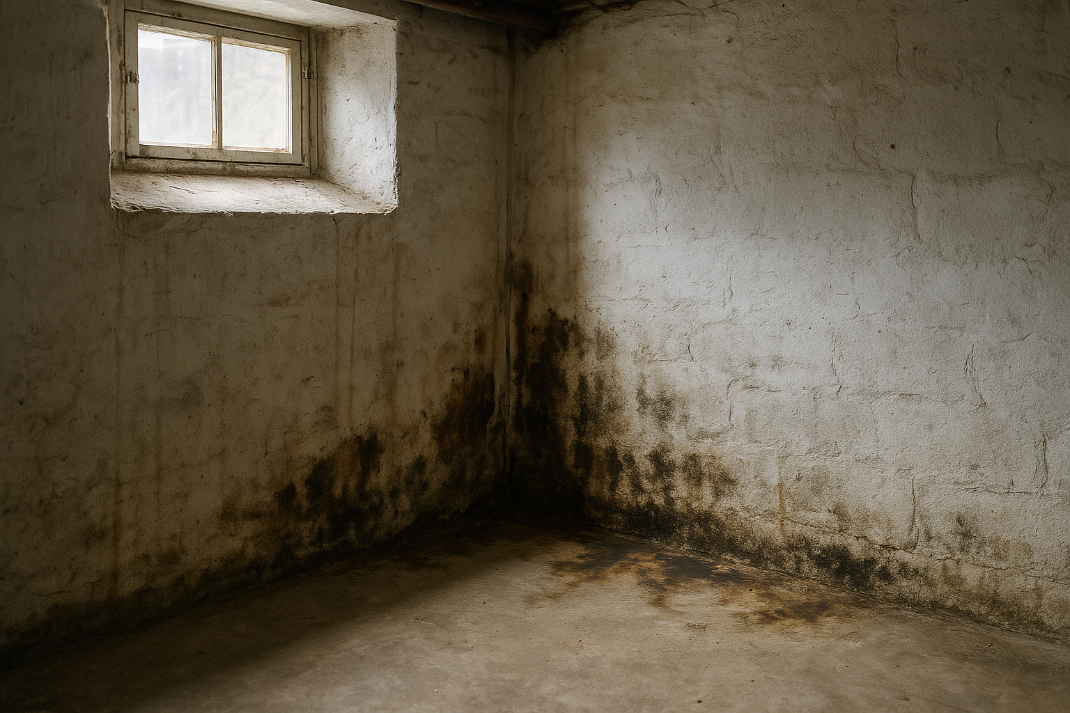 Coin de sous-sol avec moisissure et taches d