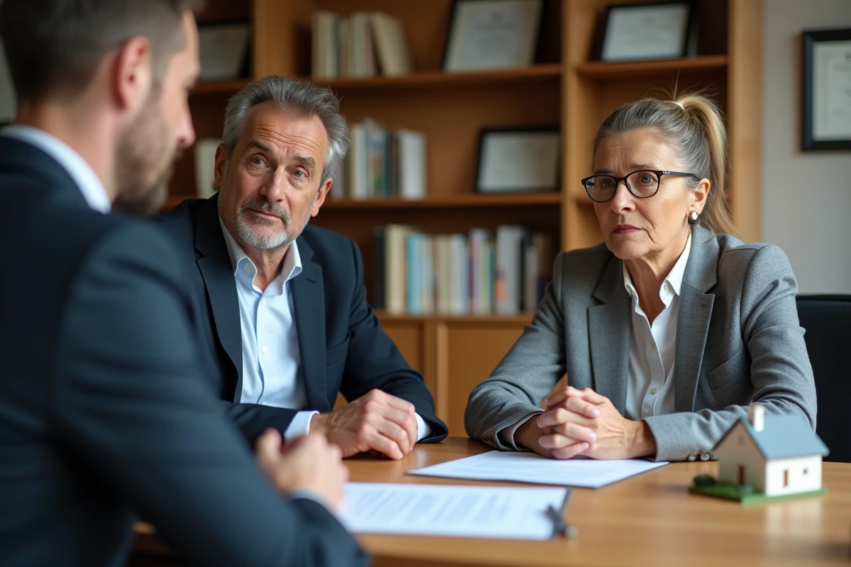 Couple en négociation immobilière urgente avec un notaire pour la vente d'une maison suite à un divorce dans l'Oise