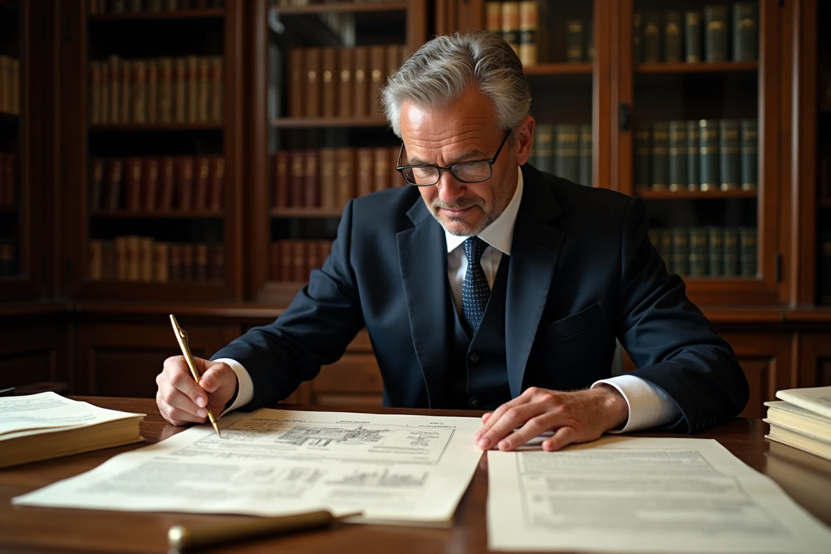 Notaire homme d'âge mûr examinant des actes de vente immobilière dans un bureau notarial traditionnel en bois sombre