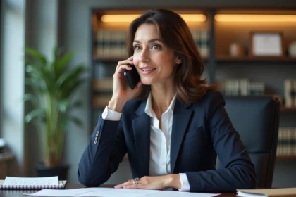 Femme notaire en bureau professionnel avec livres et diplôme