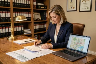 Notaire examinant un rapport ERRIAL et des documents cadastraux sur un bureau en chêne dans un office notarial