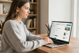 Jeune femme configurant son compte MyCitya sur un ordinateur portable dans un appartement moderne