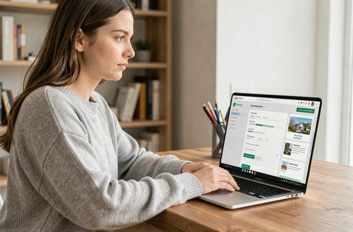 Jeune femme configurant son compte MyCitya sur un ordinateur portable dans un appartement moderne