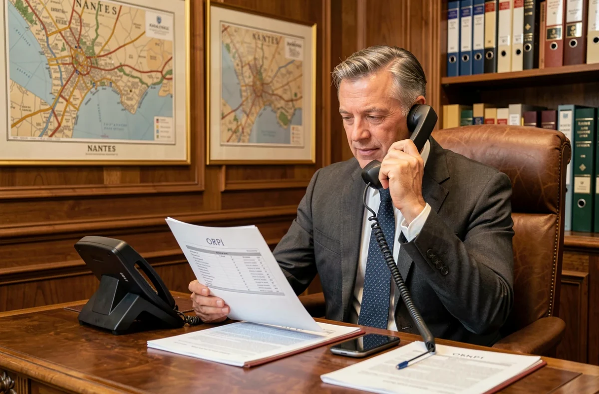 Gestionnaire d'Orpi Nantes examinant un rapport de gestion locative dans un bureau au décor classique français