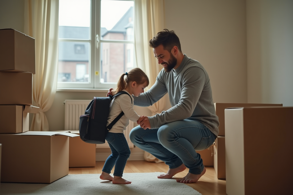 Père aidant sa fille à faire sa valise dans un appartement