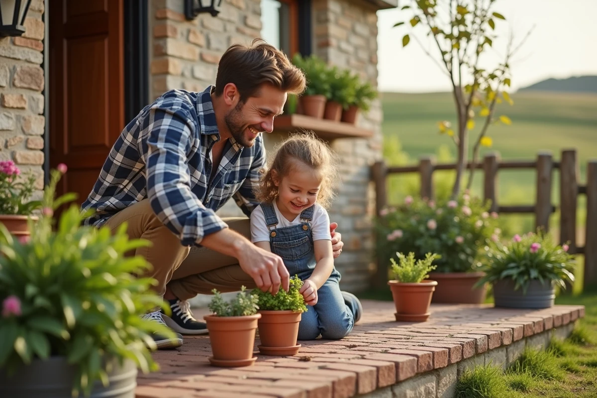 Père et fille plantant des herbes sur une terrasse de campagne