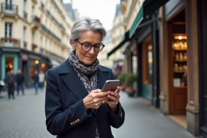 Femme parisienne en manteau navy consulte annonces immobilières