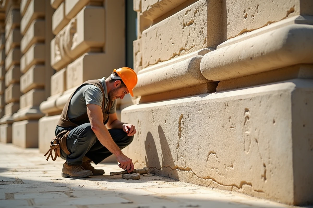 Détail des blocs de pierre calcaire lutetien d'un immeuble haussmannien montrant les assises régulières et la texture naturelle du matériau de construction du XIXe siècle
