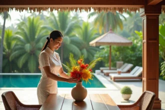 Personnel de maison thaïlandais disposant des fleurs sur la terrasse d'une villa avec piscine à débordement et jardin tropical