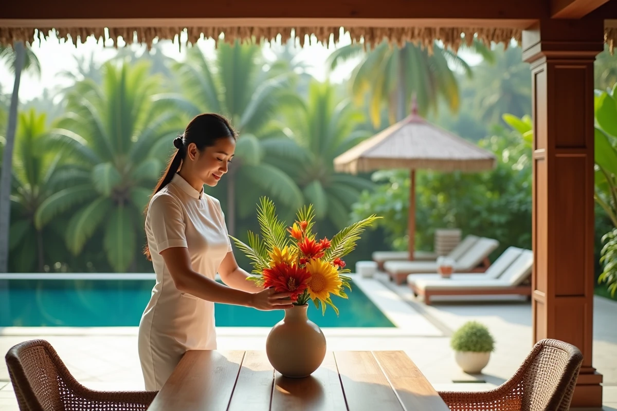 Personnel de maison thaïlandais disposant des fleurs sur la terrasse d'une villa avec piscine à débordement et jardin tropical