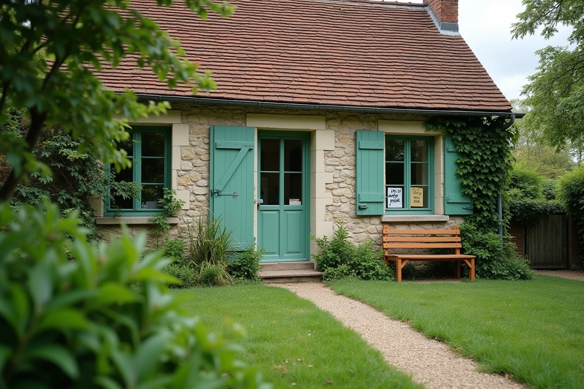 Petite maison avec jardin à louer par particulier avec panneau location visible sur la façade en pierre