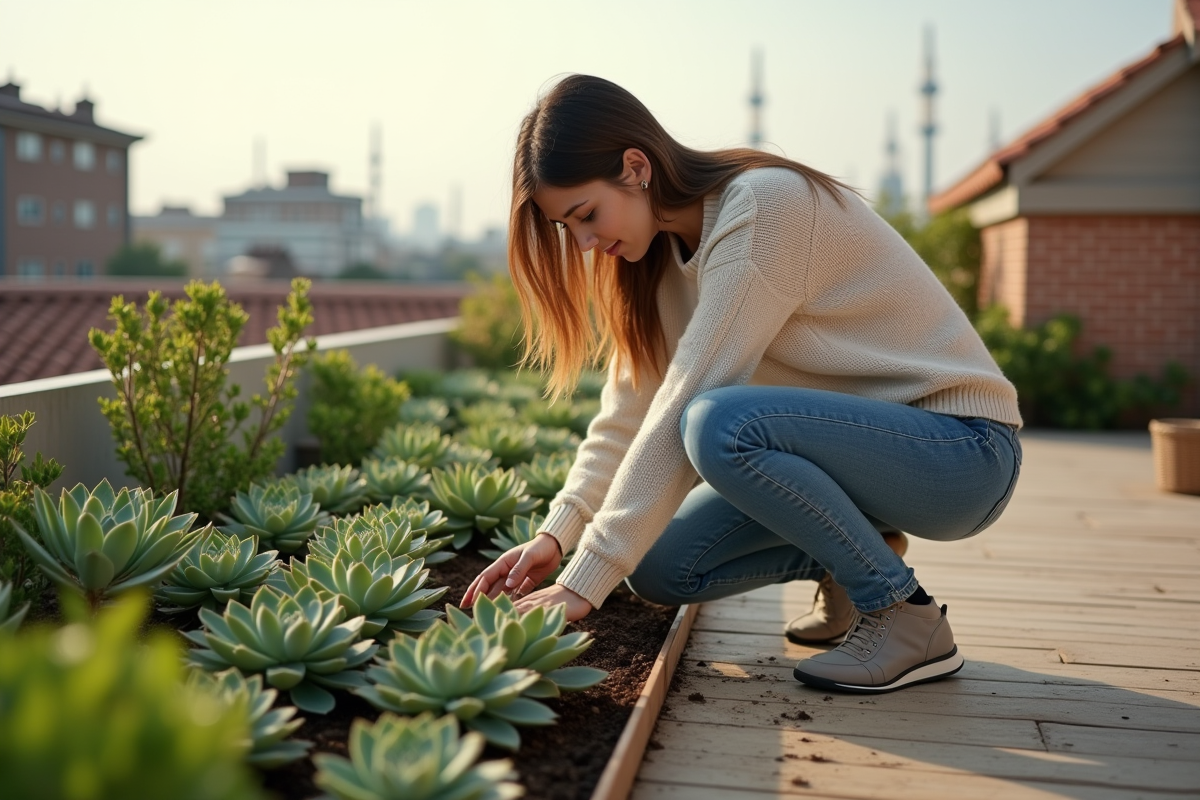 Jeune femme plantant des succulentes sur un toit