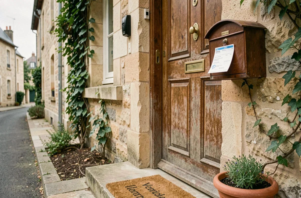 Porte d'entrée d'une maison française avec enveloppe d'assurance dans la boîte aux lettres
