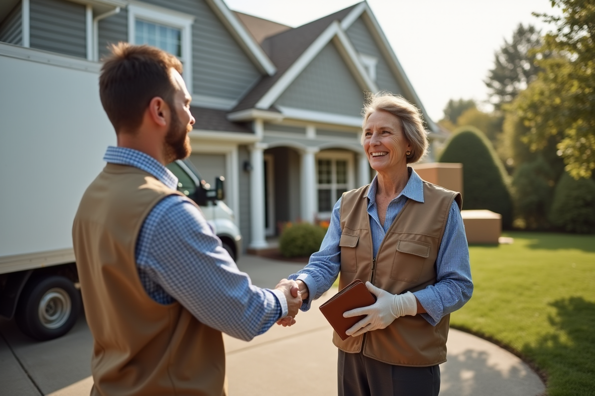 Monteur et homme souriant devant la maison avec van de déménagement