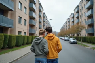 Jeune couple devant un immeuble résidentiel moderne à Créteil lors d'une visite pour un premier achat immobilier