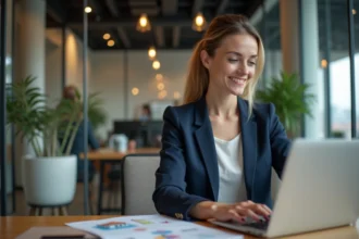 Professionnelle de l'immobilier découvrant les fonctionnalités cachées du logiciel Lions-immobilier.com sur son ordinateur portable dans une agence moderne