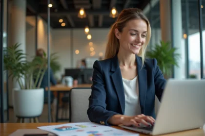 Professionnelle de l'immobilier découvrant les fonctionnalités cachées du logiciel Lions-immobilier.com sur son ordinateur portable dans une agence moderne