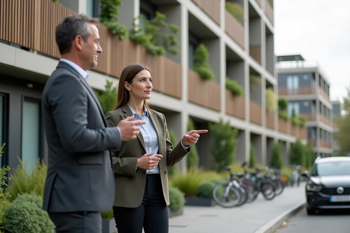 Deux professionnels de l'immobilier responsable discutant devant un immeuble résidentiel certifié vert en milieu urbain