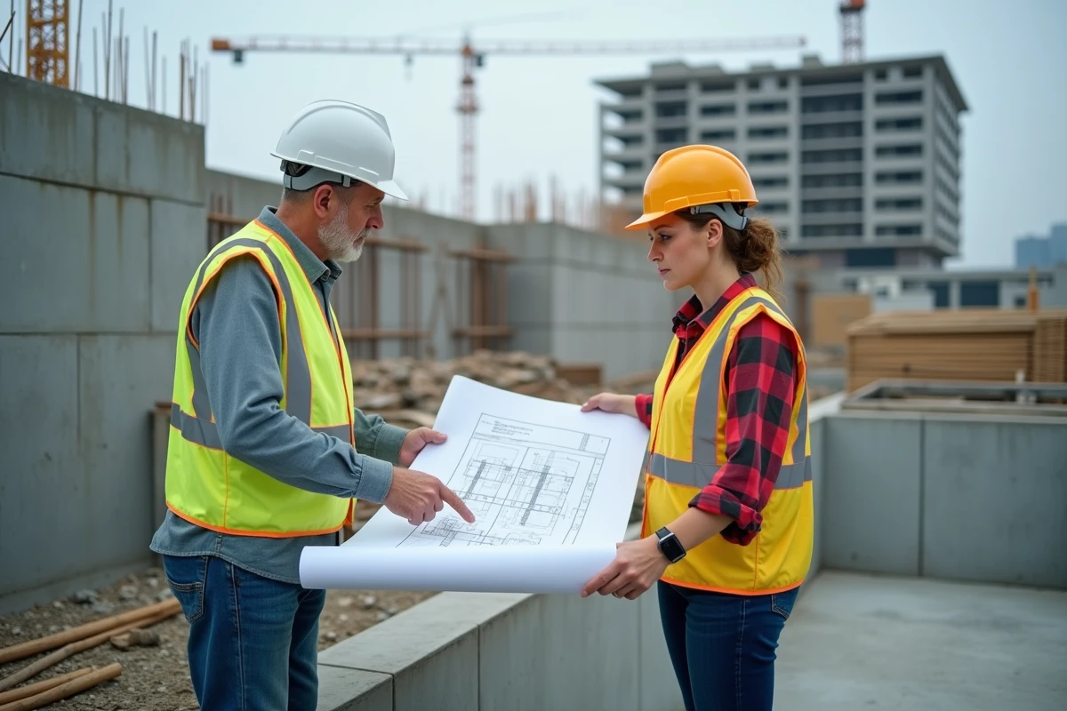 Deux professionnels du bâtiment consultant des plans techniques sur une fondation en béton lors d'un chantier de construction