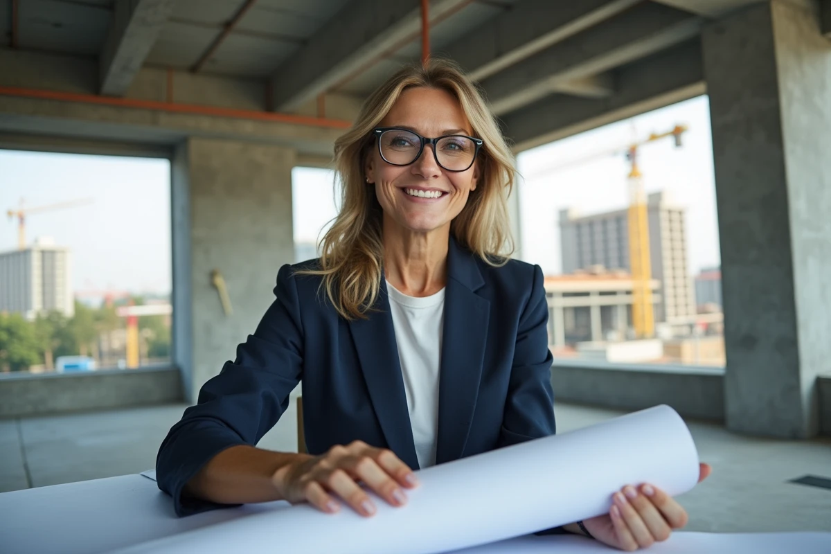 Femme gestionnaire de projet examinant des plans de construction