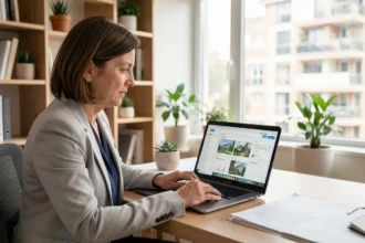 Propriétaire bailleur consultant son espace client MyFoncia sur un ordinateur portable depuis son bureau à domicile