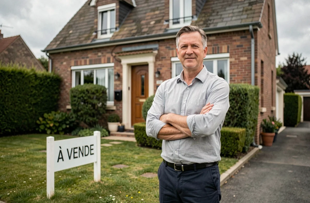 Propriétaire devant sa maison à vendre avec panneau immobilier dans un quartier résidentiel français