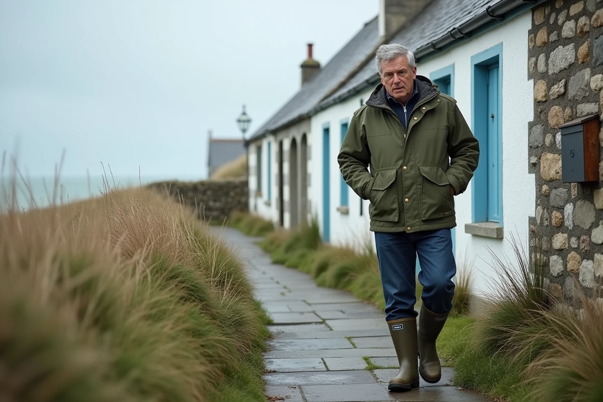 Homme en veste imperméable marchant devant sa maison en pierre traditionnelle face à la mer en hiver