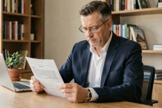 Propriétaire non occupant lisant un contrat d'assurance RC dans un bureau à domicile