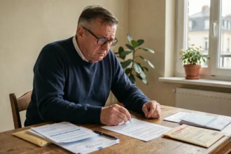Propriétaire inquiet examinant des documents fiscaux liés à la taxe sur les logements vacants