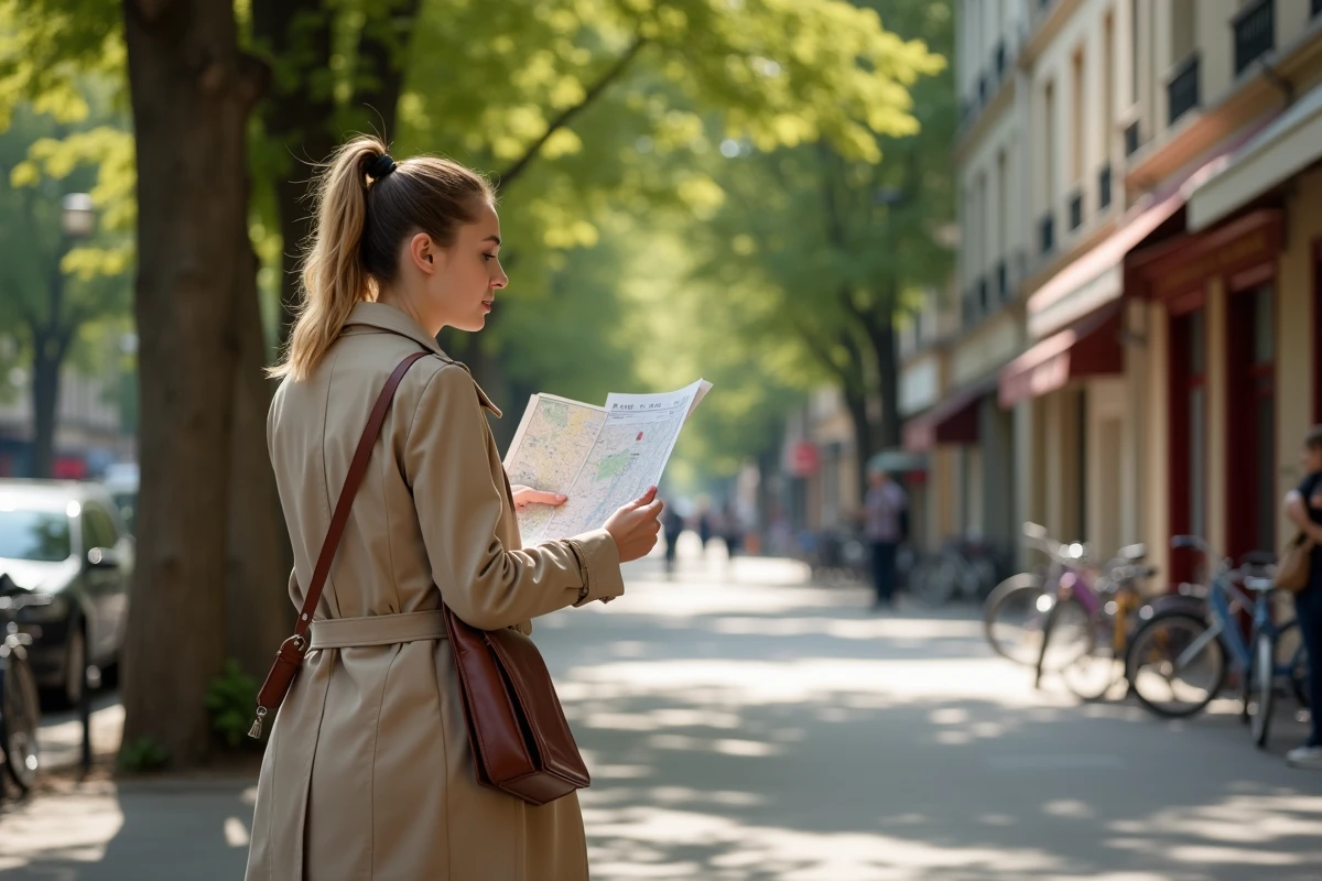 Femme consultant un plan de quartier en marchant dans une rue résidentielle de Créteil pour évaluer un investissement immobilier