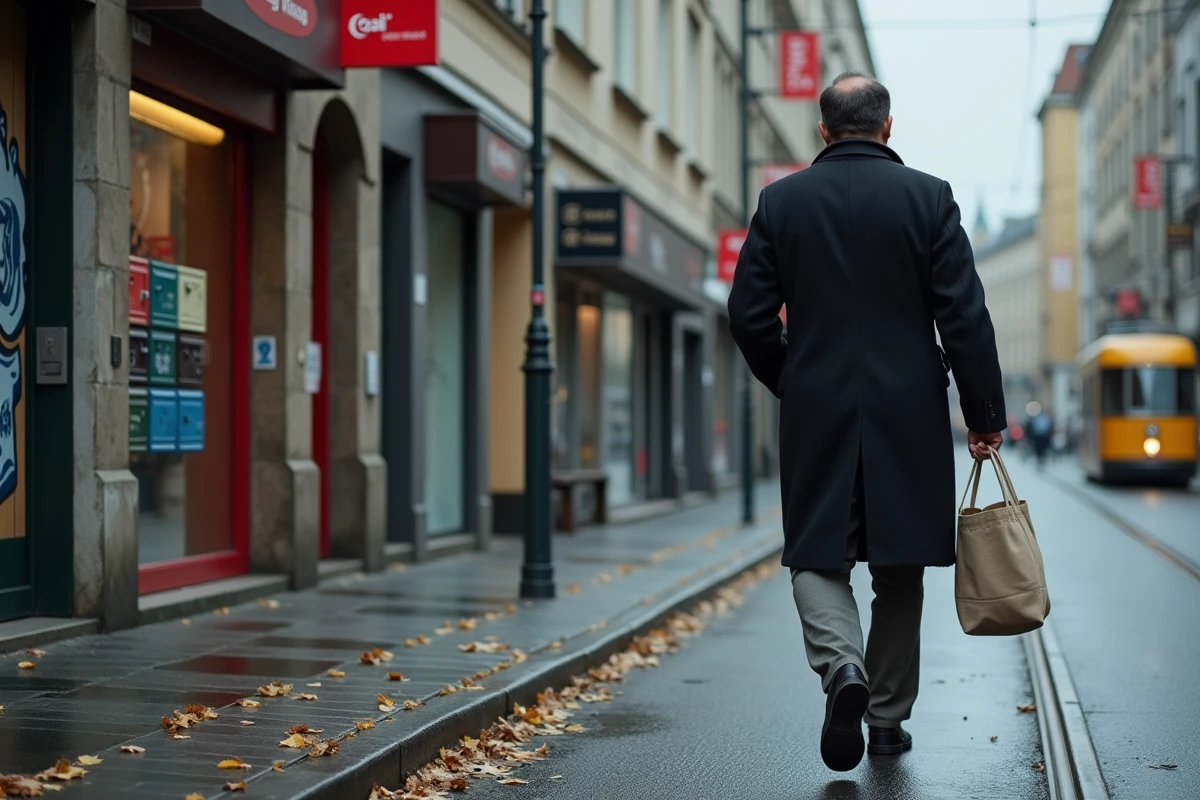 Homme marchant dans le quartier de Neukölln à Berlin, passant devant des immeubles résidentiels rénovés et des commerces locaux