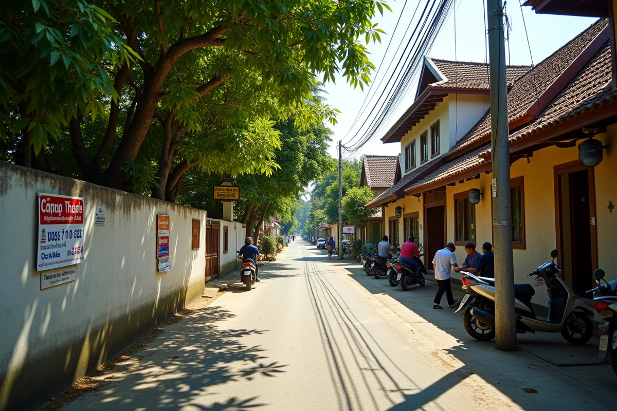 Rue résidentielle de Chiang Rai avec maisons à vendre et ambiance de quartier local pour expatriés en télétravail