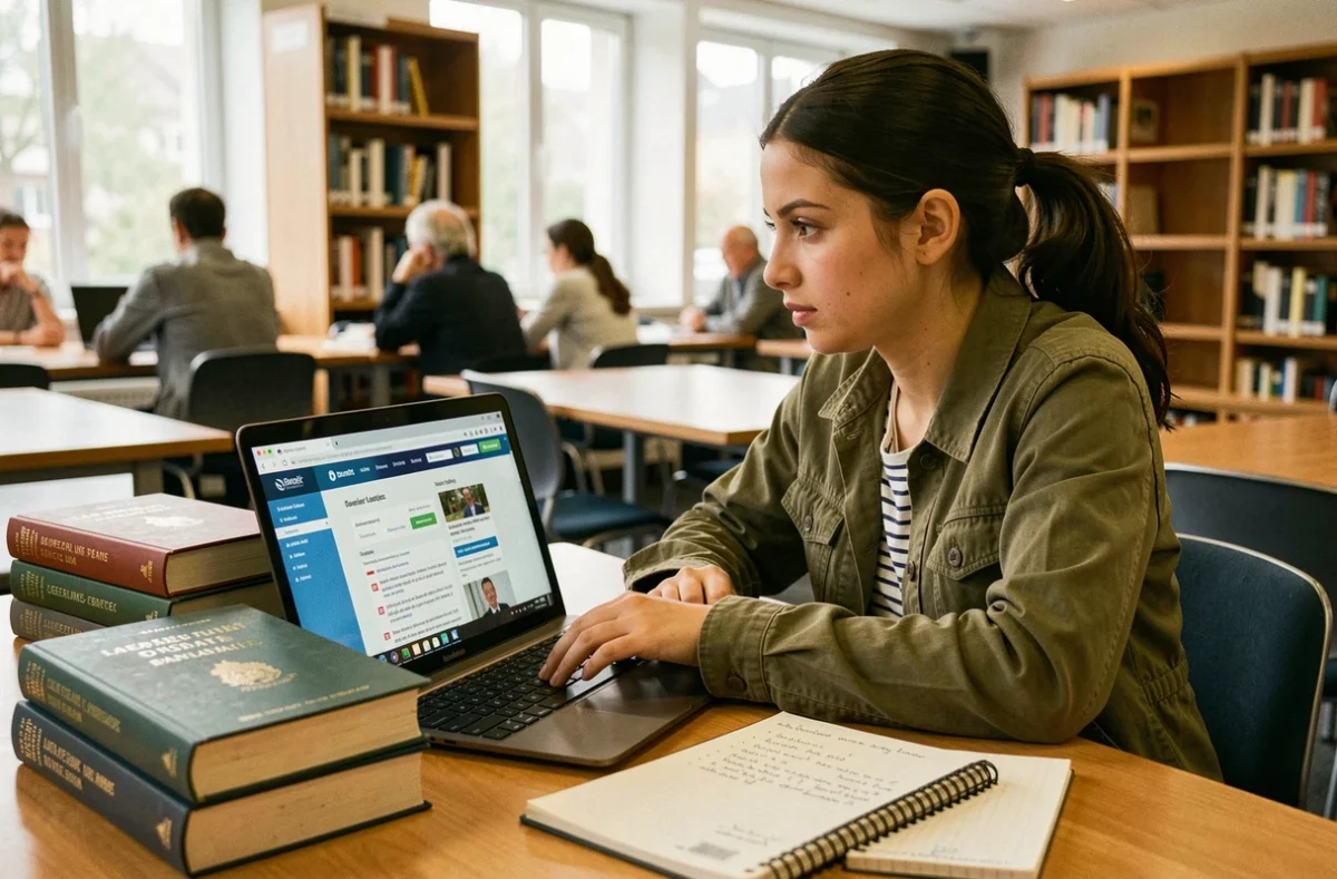 Jeune femme recherchant le propriétaire d'une maison en ligne sur un site officiel de registre foncier dans une bibliothèque publique