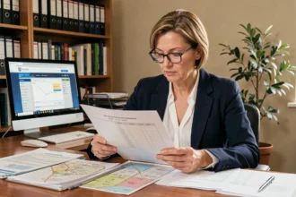 Femme professionnelle consultant des documents cadastraux et registres fonciers officiels pour identifier le propriétaire d'un bien immobilier
