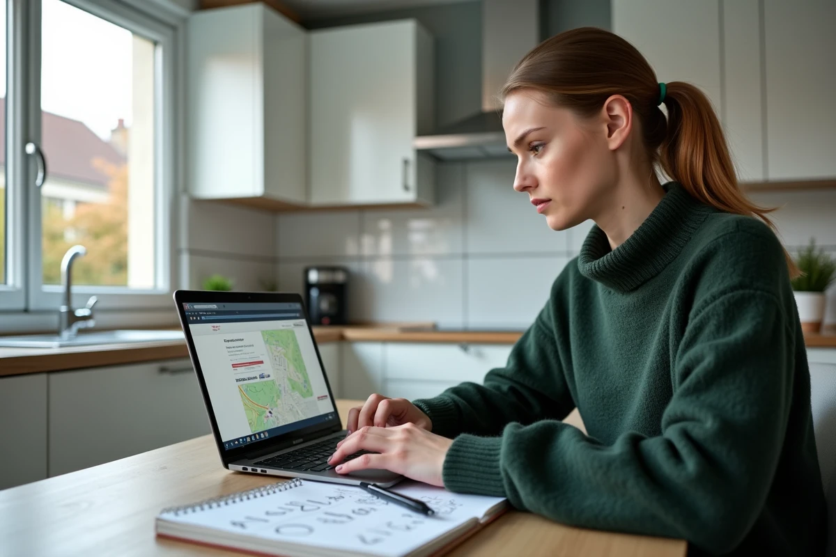 Jeune femme recherchant le propriétaire d'une parcelle sur le site du cadastre depuis chez elle