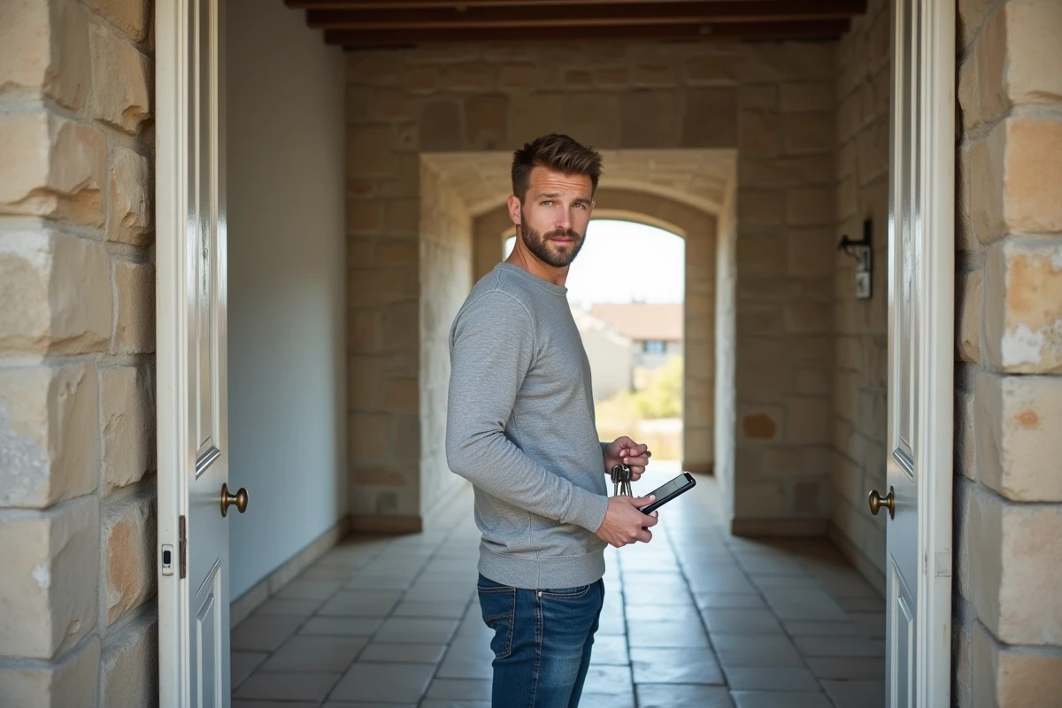 Homme tenant les clés de sa nouvelle maison après acceptation de l'offre d'achat immobilier
