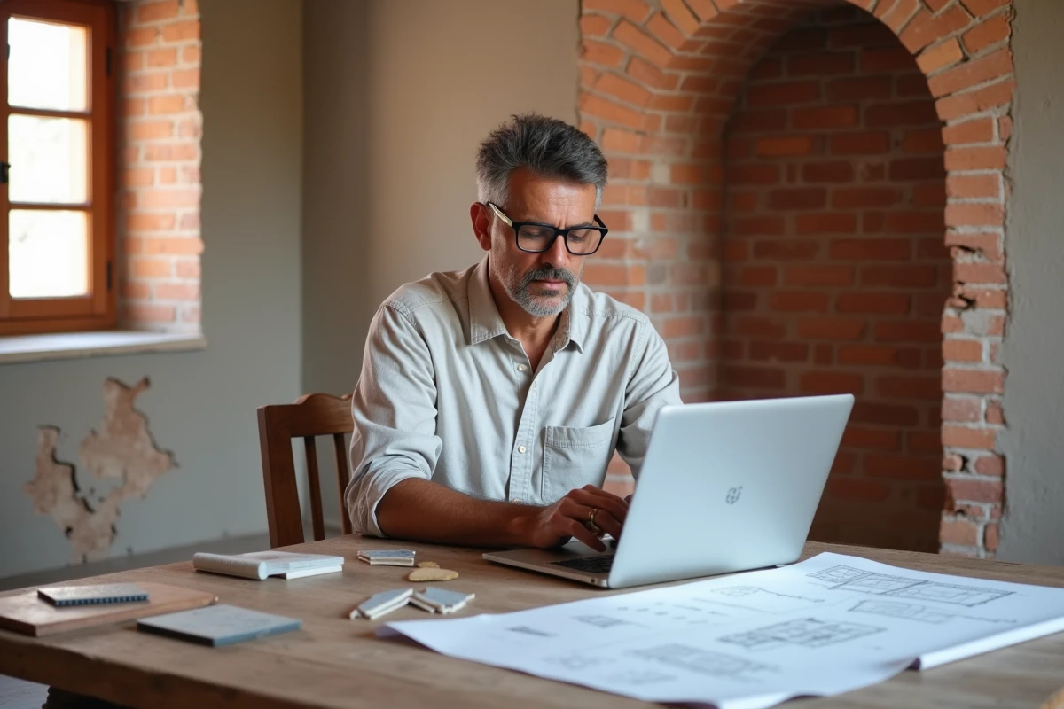 Propriétaire étudiant un devis de rénovation dans un appartement en travaux à Marrakech avec murs en briques apparentes et plâtre frais