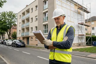 Professionnel de la rénovation énergétique devant un immeuble rénové en Seine-Saint-Denis