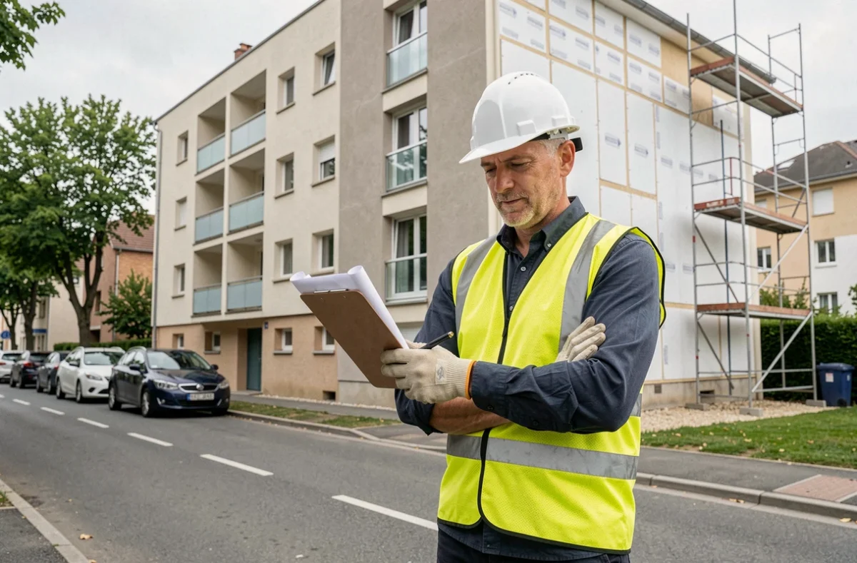 Professionnel de la rénovation énergétique devant un immeuble rénové en Seine-Saint-Denis