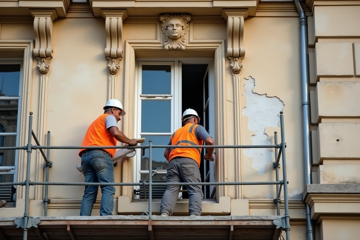 Chantier de rénovation et préservation d'un immeuble haussmannien avec restaurateurs spécialisés sur échafaudages consolidant les moulures en pierre calcaire et rejointoyant les blocs