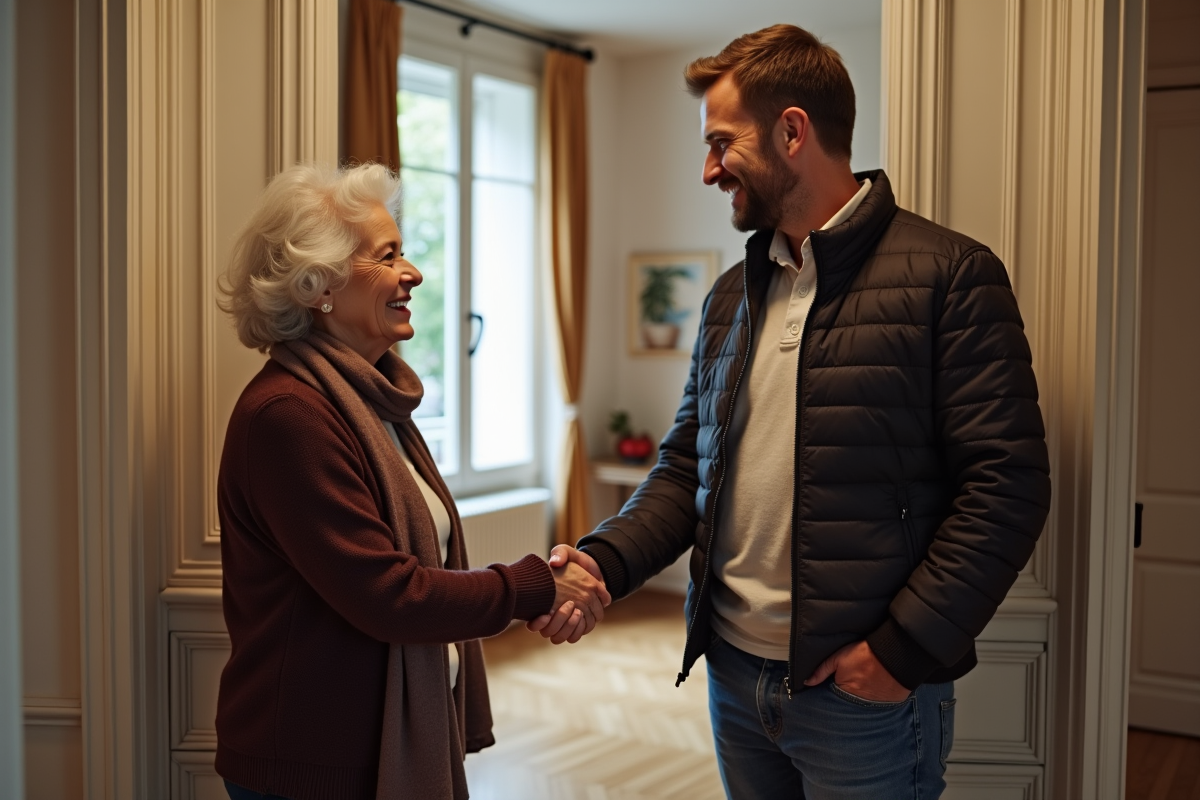 Proprietaire age et locataire se serrent la main dans un hall parisien