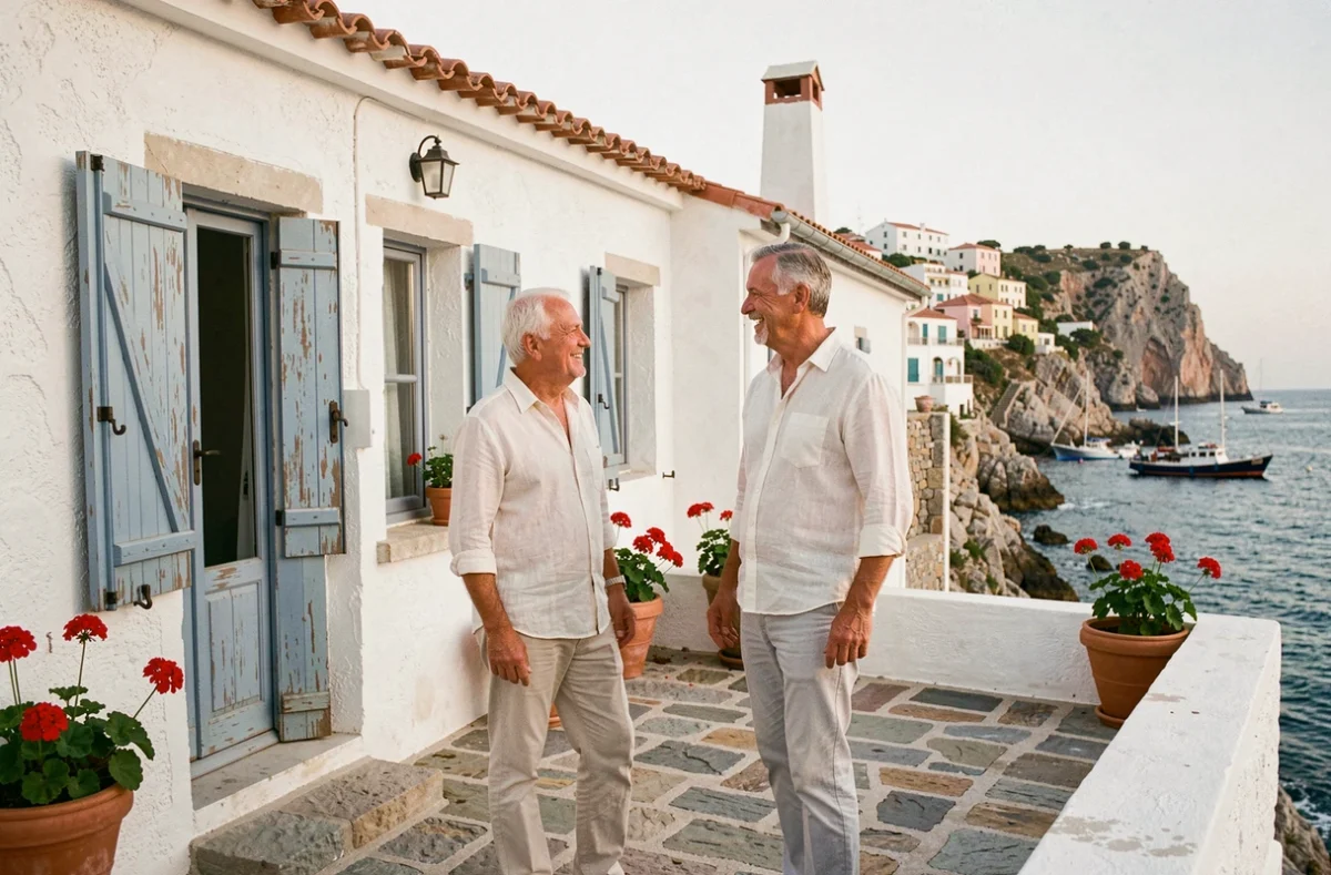 Couple de retraités sur la terrasse en pierre d'une maison de pêcheur méditerranéenne avec volets bleus et vue sur la mer