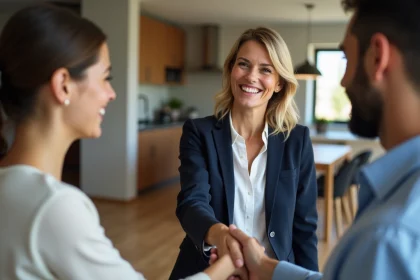 Femme en blazer serre la main à un jeune couple dans un salon moderne
