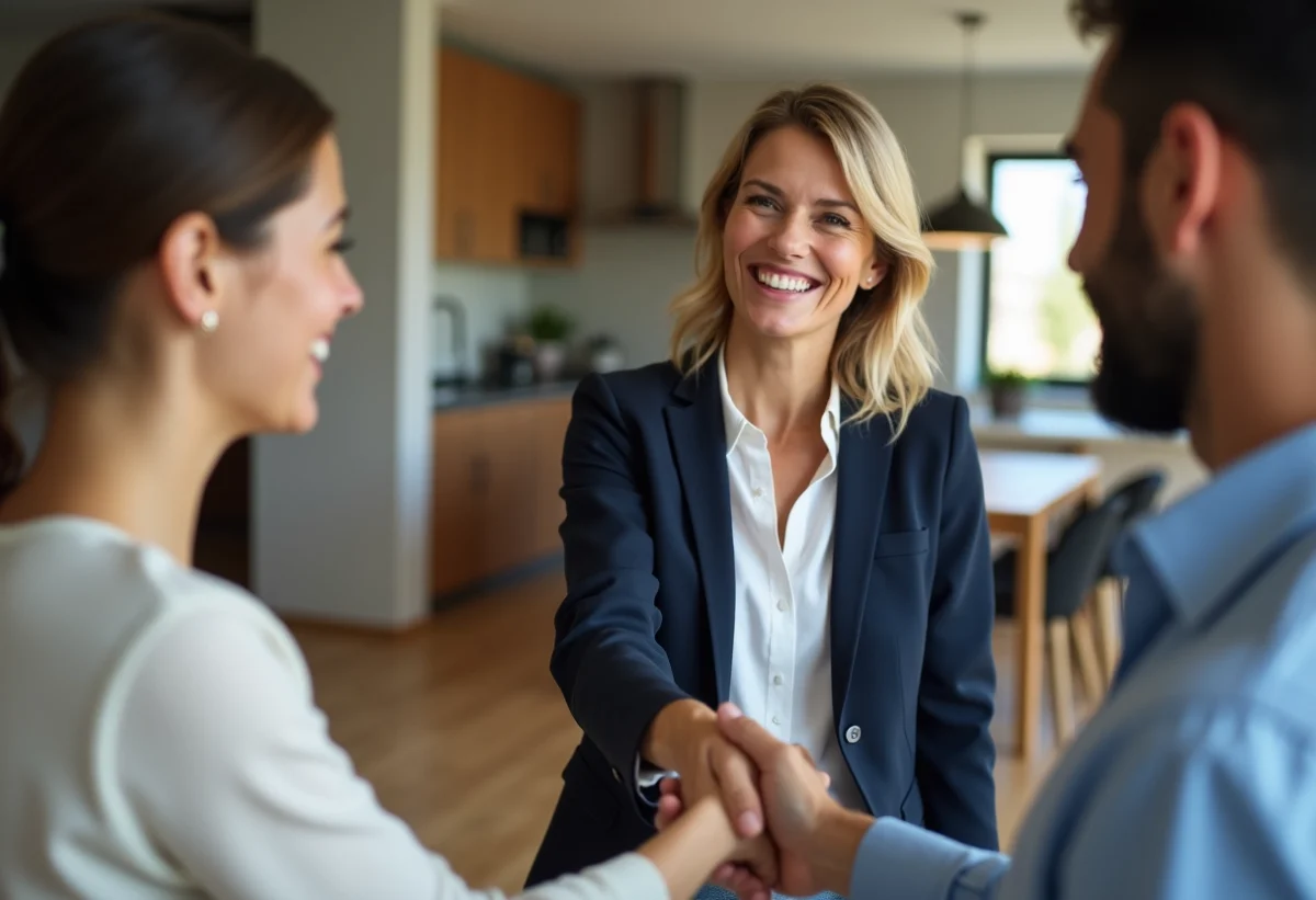 Femme en blazer serre la main à un jeune couple dans un salon moderne